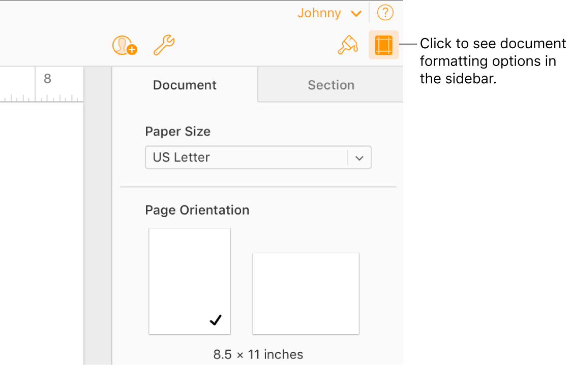 The Document button is selected in the toolbar, and controls for changing the paper size and orientation appear in the Document tab of the sidebar.