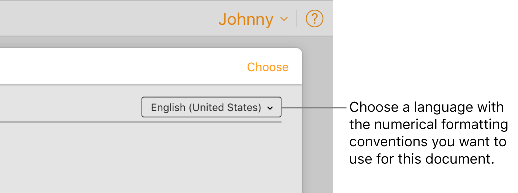 The pop-up menu on the top-right side of the template chooser with English (United States) selected.