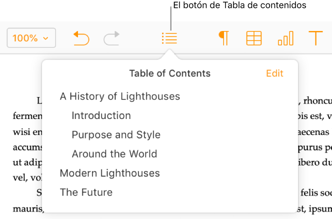 El botón Tabla de contenidos de la barra de herramientas; la tabla de contenidos está abierta y tiene dos entradas: el título del documento y la cabecera Introducción.