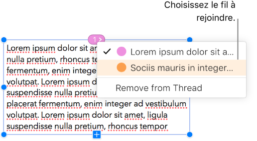 La première zone de texte d’un thread est sélectionnée et un menu local à côté du cercle en haut de la zone de texte s’ouvre. Dans le menu contextuel, une case à cocher s’affiche à côté du thread auquel cette zone de texte appartient.