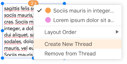 La deuxième zone de texte d’un thread est sélectionnée et un menu local à côté du cercle en haut de la zone de texte s’ouvre. Dans le menu local, l’élément de menu Créer un nouveau thread est sélectionné.