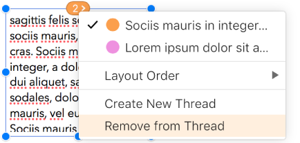 La deuxième zone de texte d’un thread est sélectionnée et un menu local à côté du cercle en haut de la zone de texte s’ouvre. Dans le menu local, l’élément de menu Supprimer du fil est sélectionné.