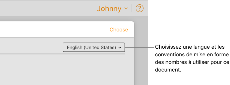 Le menu local en haut à droite de la liste de modèles dans lequel l’option anglais (États-Unis) est sélectionnée.