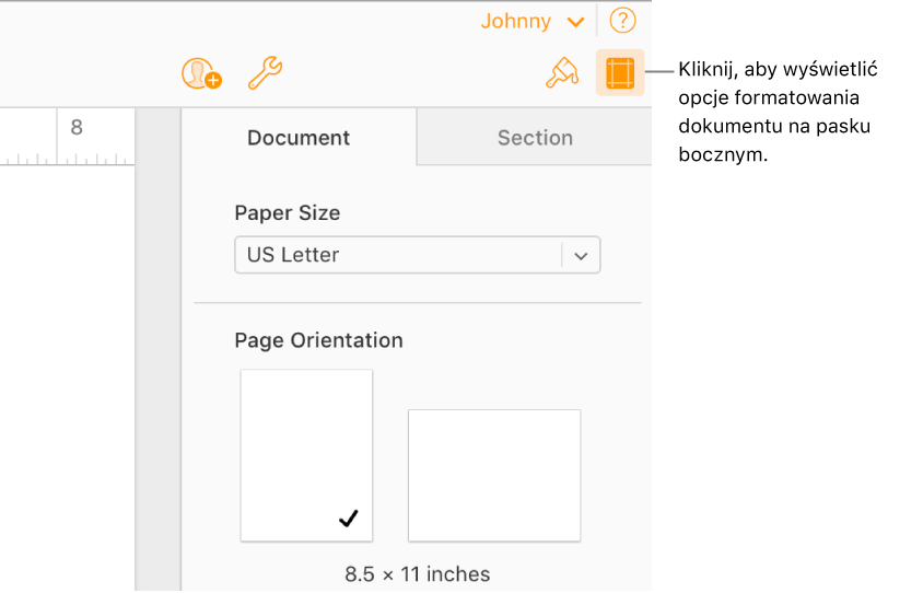 Przycisk Dokument wybrany na pasku narzędzi oraz narzędzia służące do zmiany rozmiaru papieru i orientacji wyświetlane na karcie Dokument na pasku bocznym.
