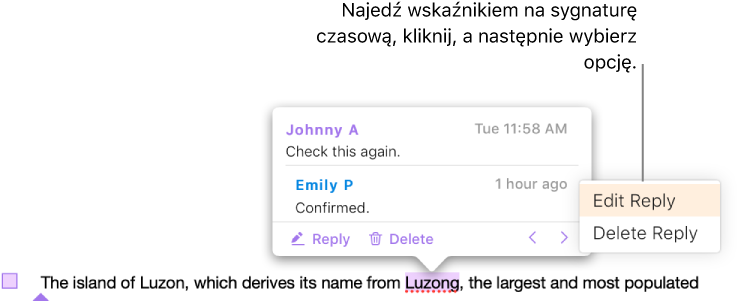 Komentarz z odpowiedzią i wskaźnik na sygnaturze czasowej odpowiedzi. Menu podręczne zawiera dwie opcje: Edytuj odpowiedź i Usuń odpowiedź.