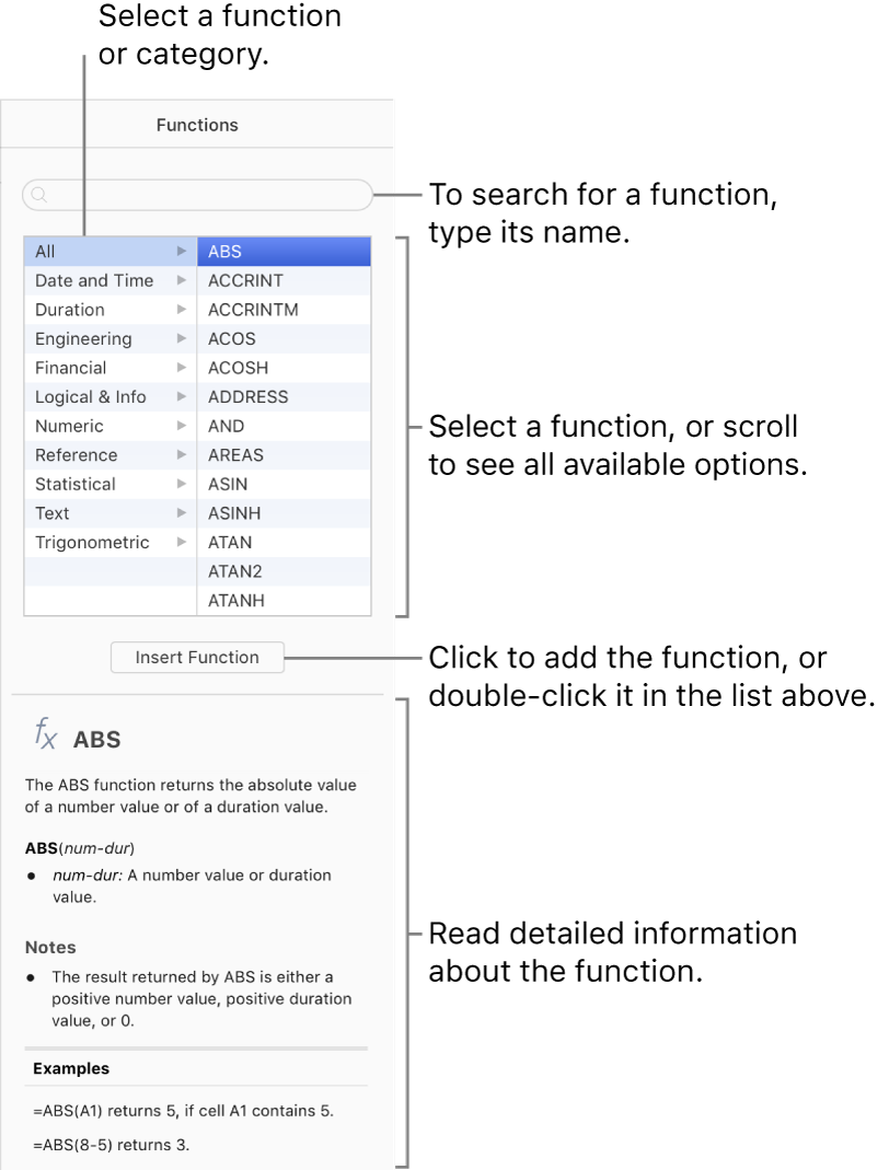 The Function Browser with search field at the top, functions by category, the Insert Function button, and information about the selected function.