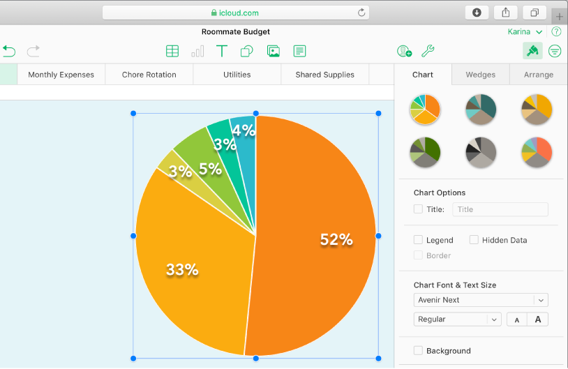 Um gráfico circular com percentagens selecionadas em cada secção; o painel Gráfico da barra lateral Formatar está aberto e apresenta opções para alterar o estilo, tipo de letra e muito mais.