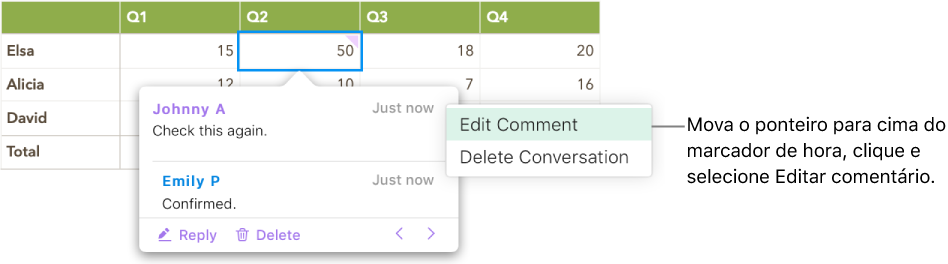 Um comentário está aberto, o cursor está sobre o marcador de hora na parte superior e o menu pop-up apresenta duas opções: Editar comentário e Apagar conversa.