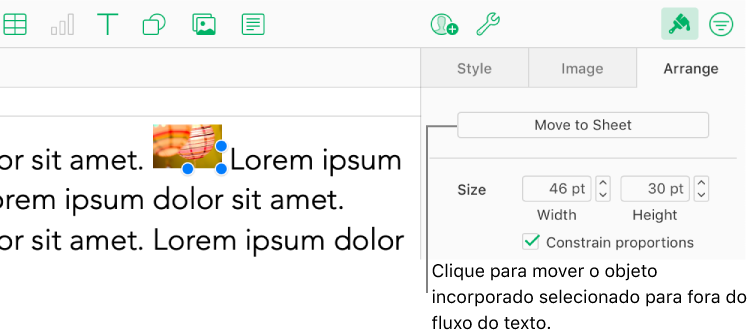 Uma imagem incorporada está selecionada dentro da caixa de texto e um botão Mover para a folha é visível no separador Organizar na barra lateral.