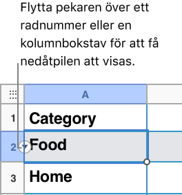 Ett radnummer är valt i en tabell och en nedpil visas till höger.
