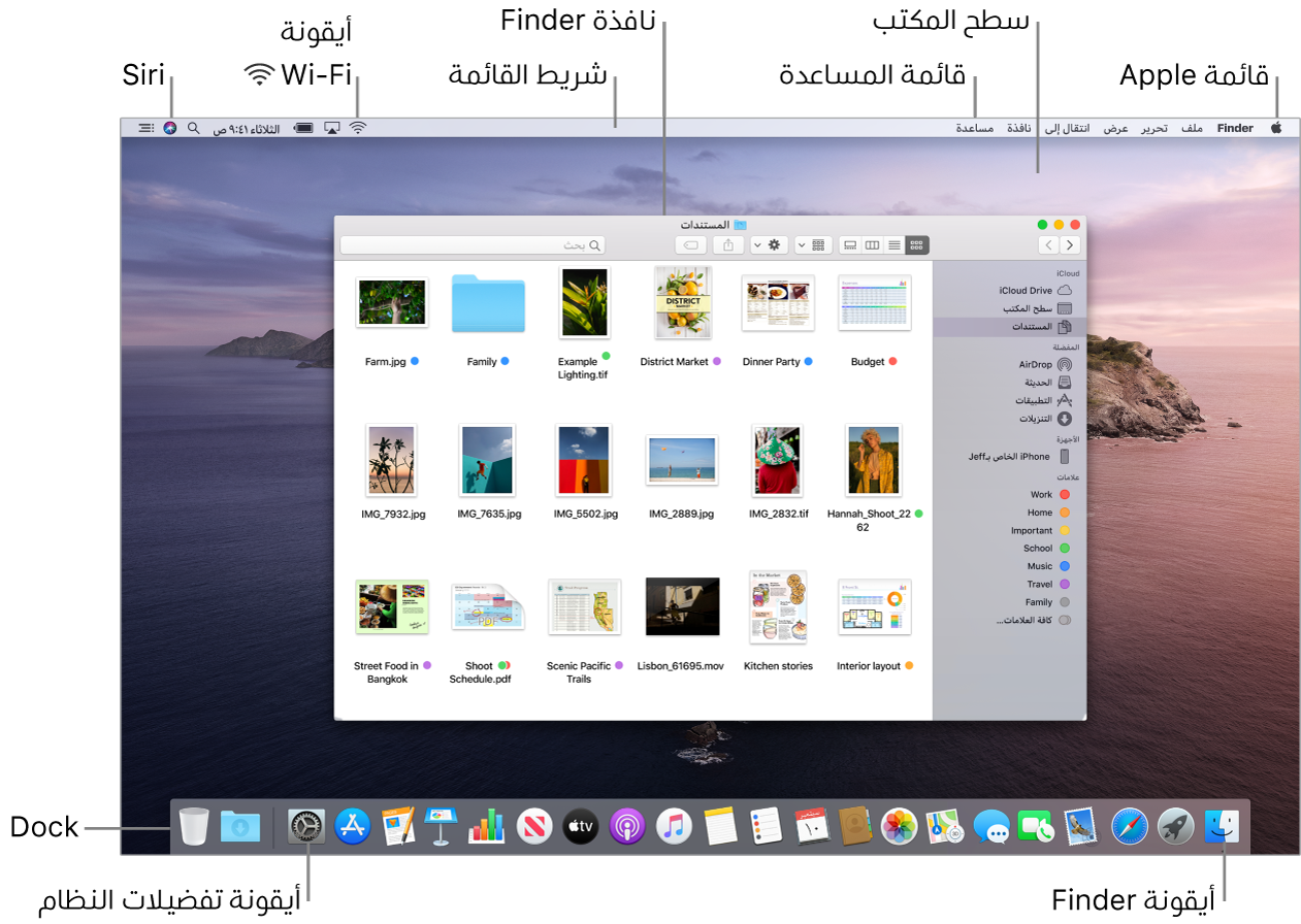 شاشة Mac تعرض قائمة Apple وسطح المكتب وقائمة المساعدة ونافذة Finder وشريط القائمة وأيقونة Wi-Fi وأيقونة اسأل Siri وأيقونة Finder وأيقونة تفضيلات النظام والـ Dock.