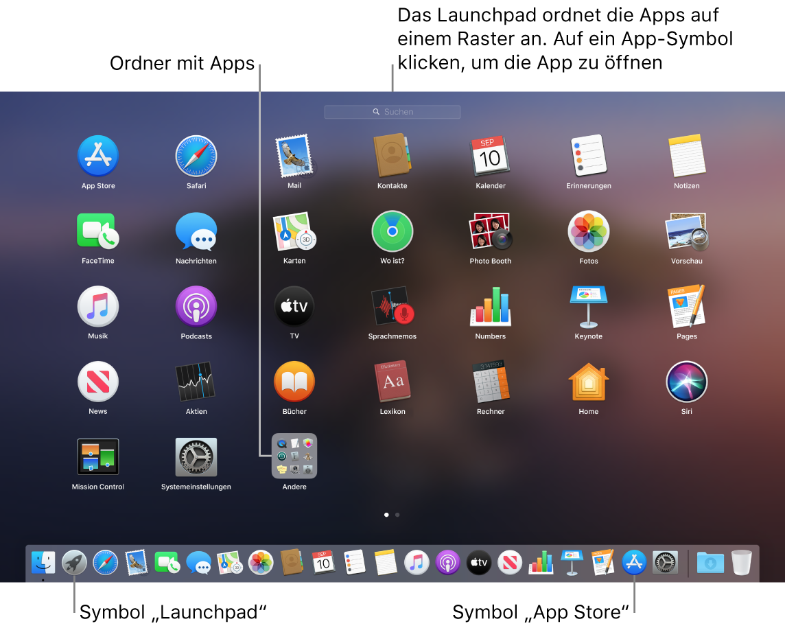 Ein Mac-Bildschirm mit geöffnetem Launchpad, mit einem Ordner mit Apps im Launchpad und dem Launchpad-Symbol und Mac App Store-Symbol im Dock