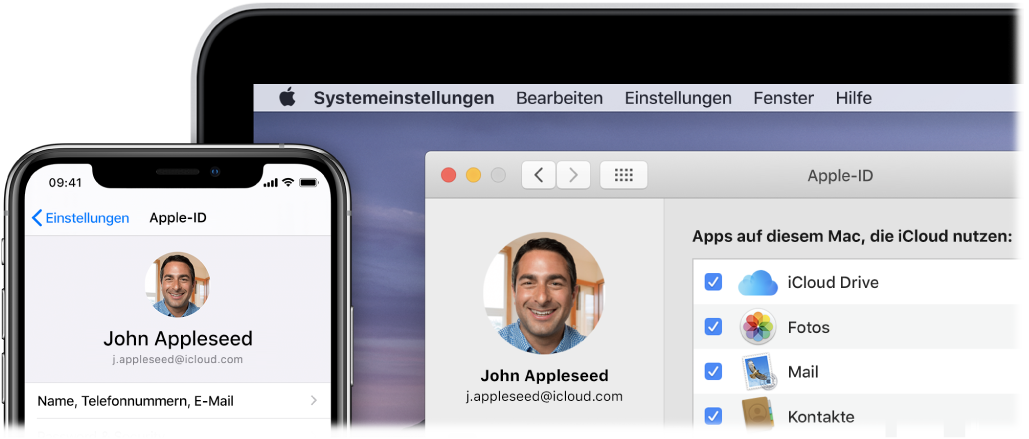 Ein iPhone, auf dem die iCloud-Einstellungen zu sehen sind, und ein Mac-Bildschirm mit dem iCloud-Fenster