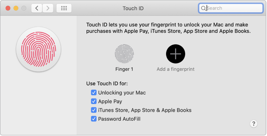 The Touch ID preferences window with options for adding a fingerprint and using Touch ID to unlock your Mac, use Apple Pay, and buy from the iTunes Store, App Store, and Book Store.