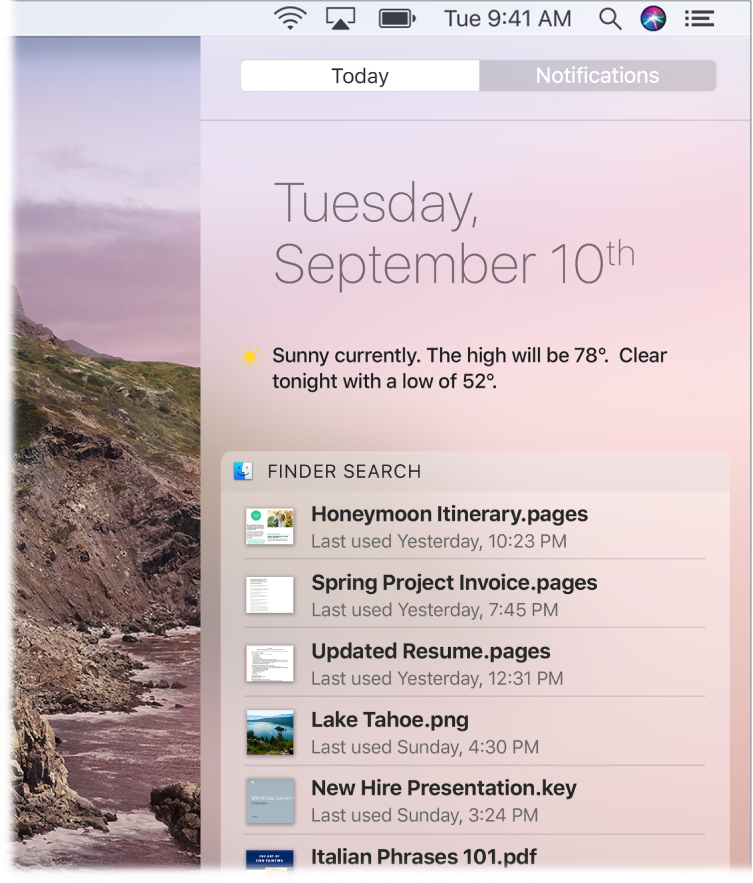 A partial desktop screen showing Notification Center open with the Today tab selected.