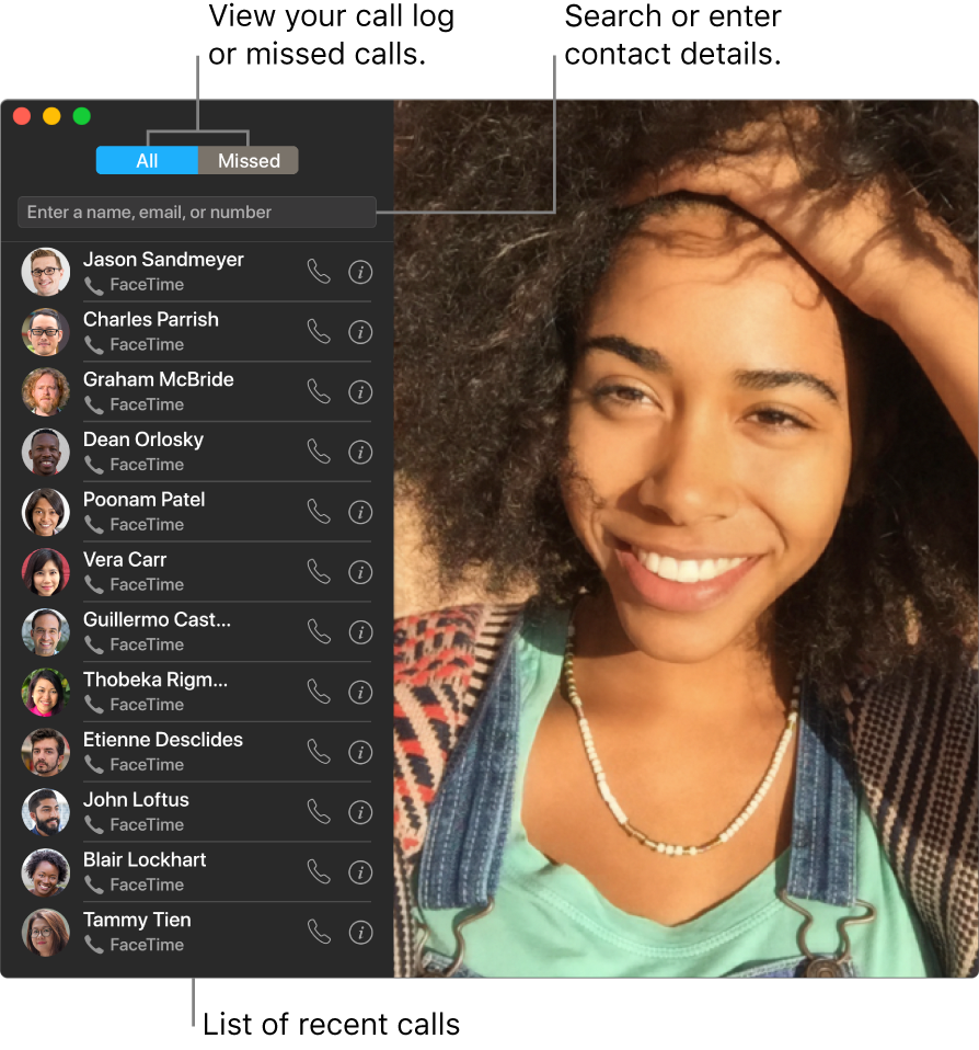 A FaceTime window showing how to make a video or audio call, use the search field to enter or search for contact details, and view the list of recent calls.