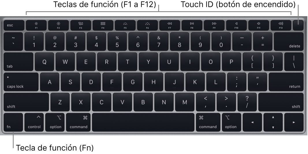 El teclado de la MacBook Air mostrando la fila de teclas de función, el botón de encendido Touch ID en la parte superior y la tecla de función (Fn) en la esquina inferior izquierda.