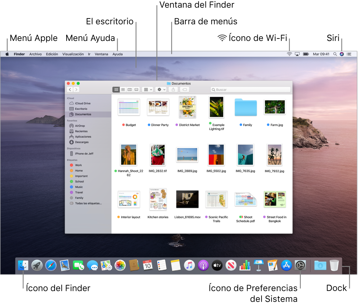 La pantalla de una Mac mostrando el menú Apple, el escritorio, el menú Ayuda, una ventana del Finder, la barra de menús, el ícono de Wi-Fi, el ícono de Pedirle a Siri, el ícono del Finder, el ícono de Preferencias del Sistema y el Dock.