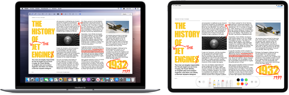 Un MacBook Air al lado de un iPad. Ambas pantallas muestran un artículo lleno de anotaciones a mano de color rojo, como frases tachadas, flechas y palabras añadidas. El iPad también tiene controles para editar marcas en la parte inferior de la pantalla.