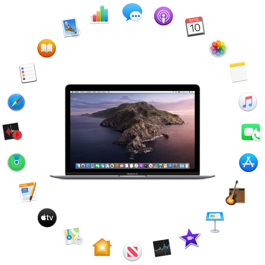 MacBook Air, jonka ympärillä on valmiiksi asennettujen appien kuvakkeet. Ne kuvataan seuraavissa osioissa.