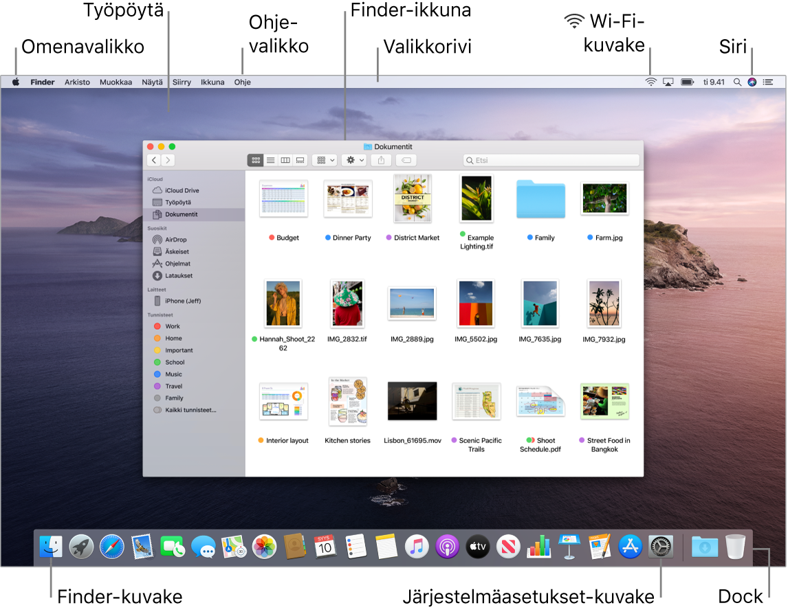 Macin näyttö, jossa näkyy Omenavalikko, työpöytä, Ohje-valikko, Finder-ikkuna, valikkorivi, Wi-Fi-kuvake, Siri-kuvake, Finder-kuvake, Järjestelmäasetukset-kuvake ja Dock.