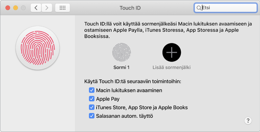 Touch ID -asetusten ikkuna, jossa valinnat sormenjäljen lisäämiselle ja Touch ID:n käyttämiselle Macin avaamiseen, Apple Payn käyttämiseen ja ostosten tekemiseen iTunes Storessa, App Storessa ja Book Storessa.