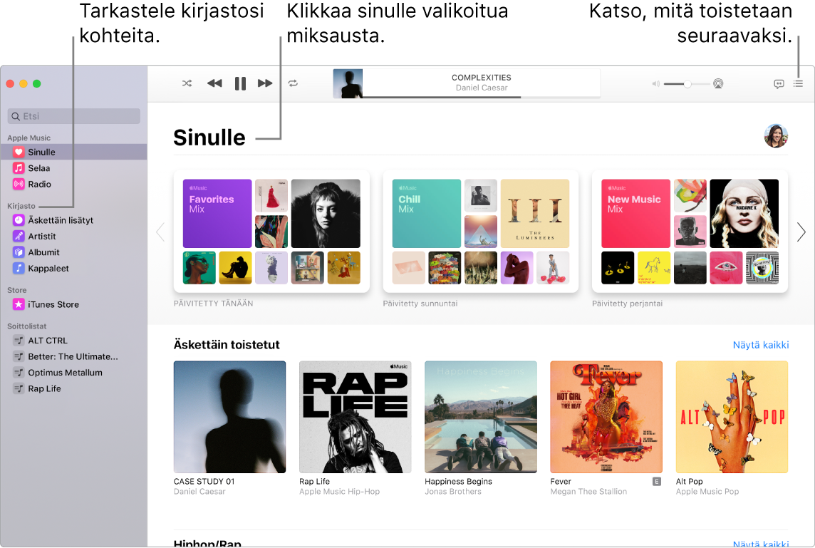 Musiikki-apin ikkunassa näkyy, miten voit katsella kirjastoa, kuunnella musiikkia Apple Musicista ja katsoa, mitä toistetaan seuraavaksi.