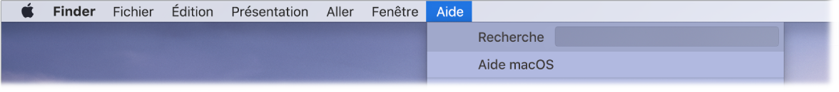 Un bureau partiel avec un menu Aide ouvert, affichant les options de menu Recherche et Aide macOS.