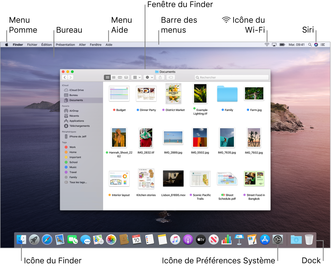 Écran d’un Mac présentant le menu Pomme, le bureau, le menu Aide, une fenêtre du Finder, la barre des menus, l’icône Wi‑Fi, l’icône Demander à Siri, l’icône du Finder, l’icône Préférences Système et le Dock.
