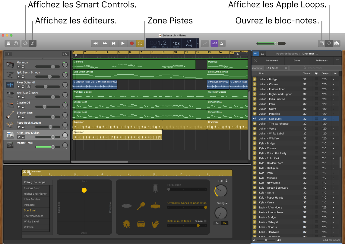 Une fenêtre de GarageBand affichant les boutons pour accéder aux Smart Controls, aux éditeurs, aux notes et aux boucles Apple Loops. Elle présente également l’affichage des pistes.