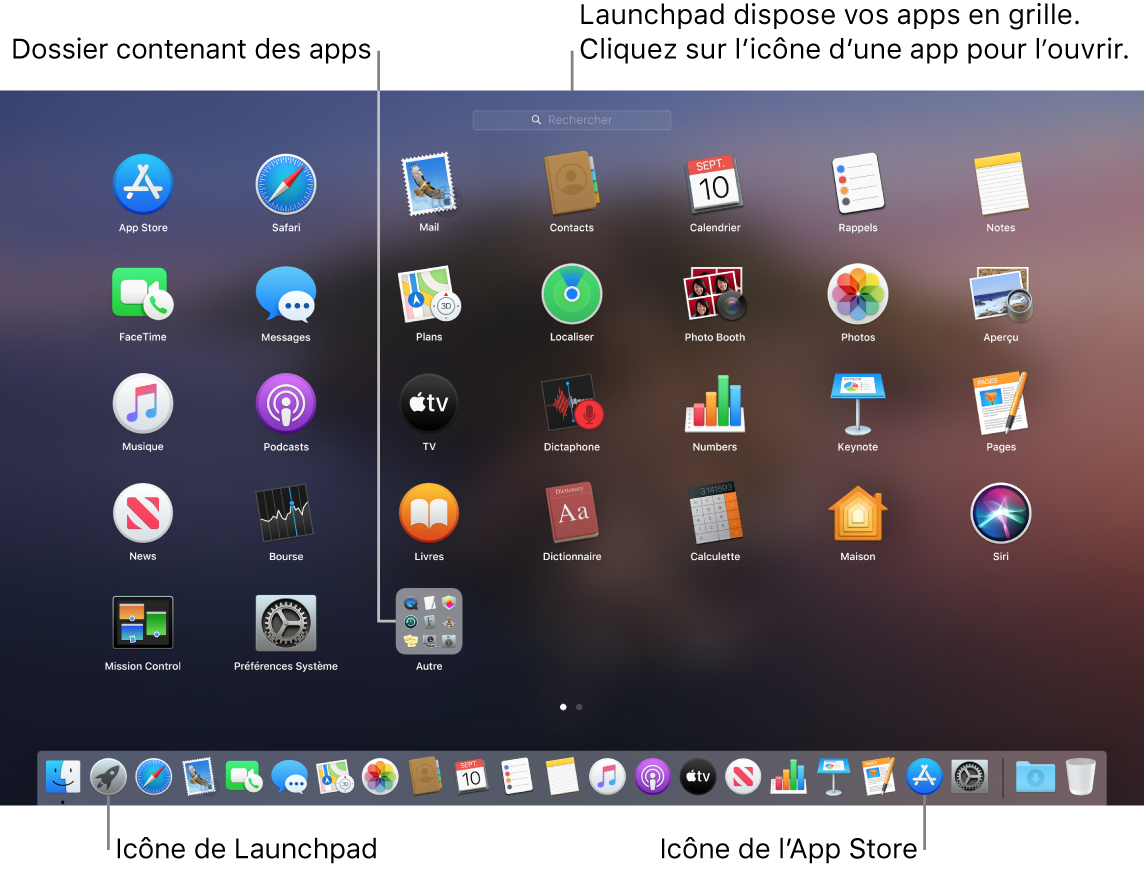 L’écran du Mac avec Launchpad ouvert, affichant un dossier d’apps dans Launchpad, et les icônes Launchpad et Mac App Store dans le Dock.