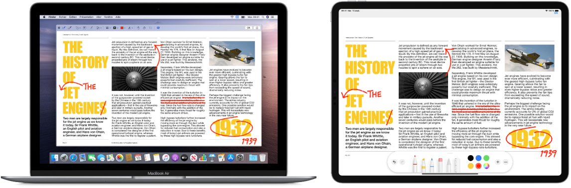 Un MacBook Air et un iPad côte à côte. Les deux écrans affichent un article couvert de modifications griffonnées en rouge, telles que des phrases barrées, des flèches et des mots ajoutés. L’iPad montre également des commandes d’annotation au bas de l’écran.