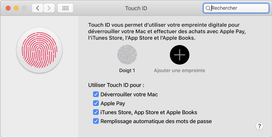 Fenêtre des préférences Touch ID avec des options permettant d’ajouter une empreinte et d’utiliser Touch ID pour déverrouiller un Mac, d’utiliser Apple Pay et d’effectuer des achats dans l’iTunes Store, l’App Store et Librairie.