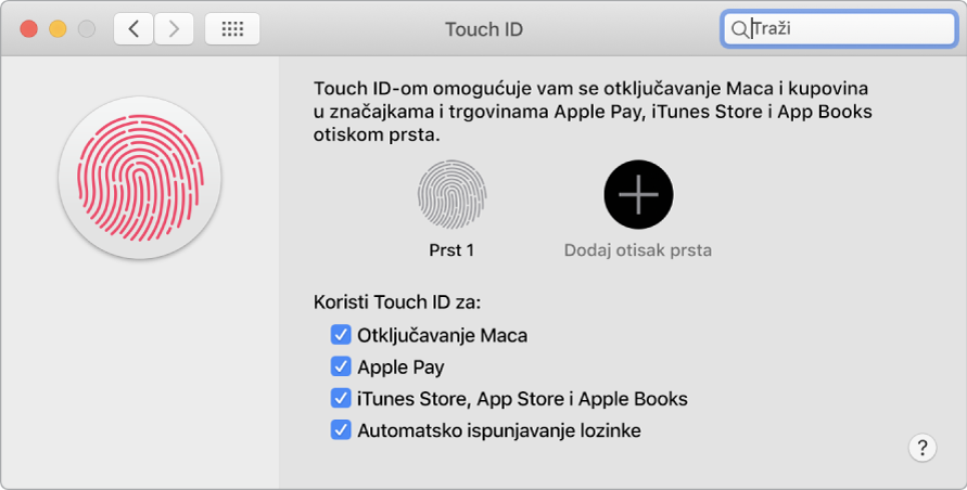 Prozor s postavkama za Touch ID s opcijama dodavanja otiska prsta i uporabe značajke Touch ID za otključavanje Mac računala, uporabu opcije Apple Pay i kupnju u trgovinama iTunes Store, App Store i Book Store.