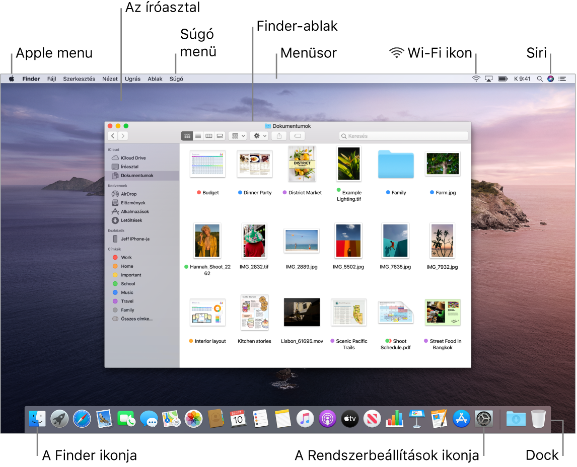 A Mac gép képernyője az Apple menüvel, az íróasztallal, a Súgó menüvel, a Finder ablakával, a menüsorral, a Wi-Fi ikonjával, a Siri ikonjával, a Finder ikonjával, a Rendszerbeállítások ikonjával és a Dockkal.