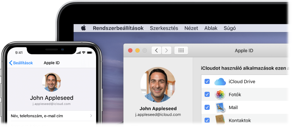 Egy iPhone, amely az iCloud beállításait jeleníti meg, és egy Mac képernyője, amelyen az iCloud ablaka látható.