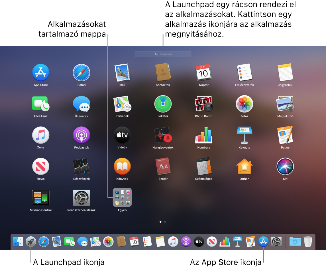 Egy Mac gép képernyője a megnyitott Launchpad alkalmazással, amelyben az alkalmazások mappája látható, valamint a Launchpad és a Mac App Store ikonjaival a Dock területén.