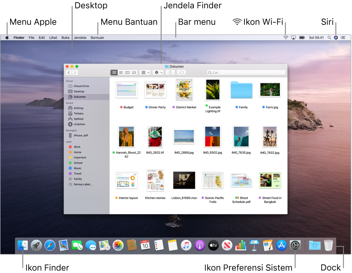 Layar Mac menampilkan menu Apple, desktop, menu Bantuan, jendela Finder, bar menu, ikon Wi-Fi, ikon Minta Siri, ikon Finder, ikon Preferensi Sistem, dan Dock.