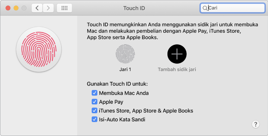 Jendela preferensi Touch ID dengan pilihan untuk menambahkan sidik jari dan menggunakan Touch ID untuk membuka Mac Anda, menggunakan Apple Pay, dan membeli dari iTunes Store, App Store, dan Toko Buku.