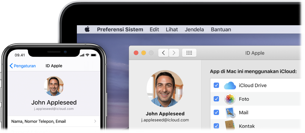 iPhone menampilkan pengaturan iCloud, dan layar Mac menampilkan jendela iCloud.