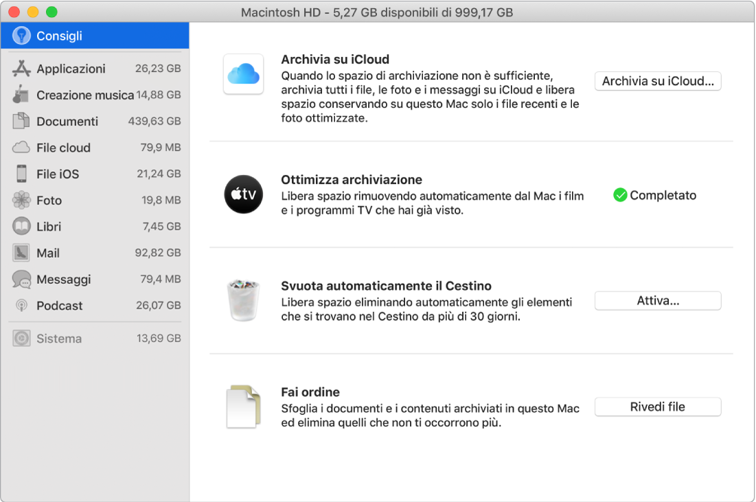 Le preferenze Consigli per l'archiviazione che mostrano le opzioni “Archivia su iCloud”, “Ottimizza archivio”, “Svuota automaticamente il Cestino” e “Fai ordine”.