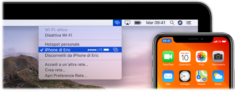 Il monitor del Mac con il menu Wi-Fi che mostra un l'hotspot personale di un iPhone.