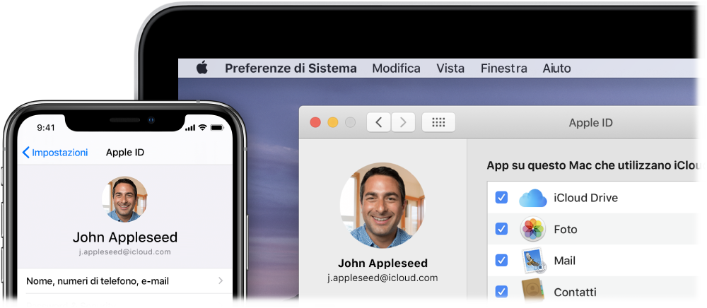 iPhone che mostra le impostazioni iCloud e uno schermata del Mac che mostra la finestra di iCloud.