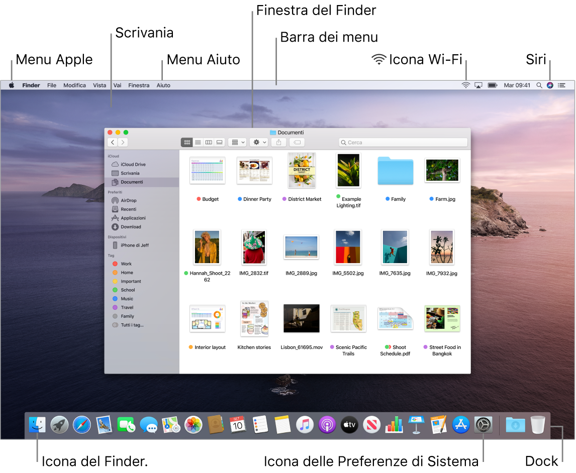 Schermata del Mac con il menu Apple, la Scrivania, il menu Aiuto, una finestra del Finder, la barra dei menu, l'icona del Wi-Fi, l'icona di “Chiedi a Siri”, l'icona del Finder, l'icona di Preferenze di Sistema e il Dock.