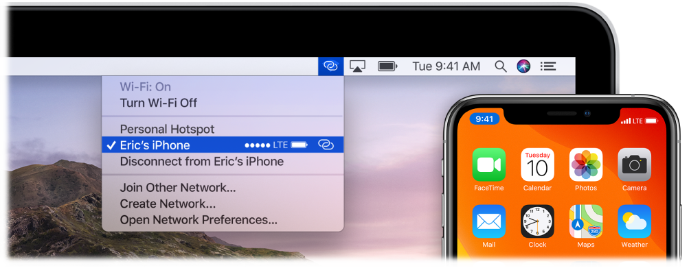 iPhone құрылғысына қосылған Personal Hotspot құралын көрсетіп тұрған Wi-Fi мәзірі бар Mac экраны.