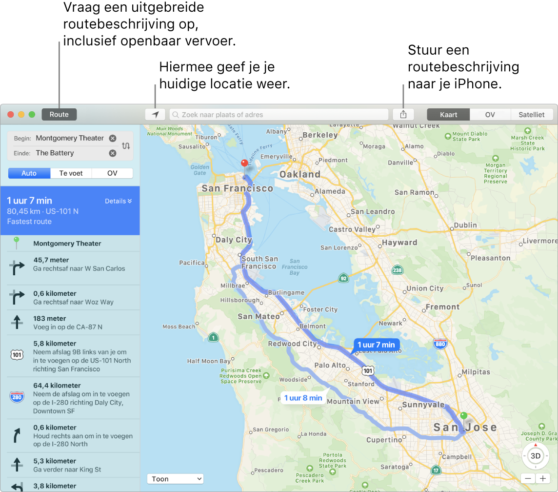 Een venster van Kaarten waarin je ziet hoe je een routebeschrijving opvraagt door op 'Routebeschrijving' linksbovenin te klikken en hoe je met de deelknop een routebeschrijving naar je iPhone verstuurt.