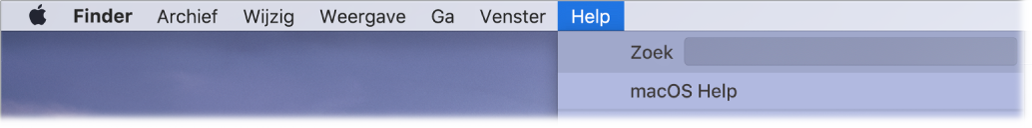 Een gedeelte van een bureaublad waarop het Help-menu is geopend, met de opties 'Zoek' en 'macOS Help'.