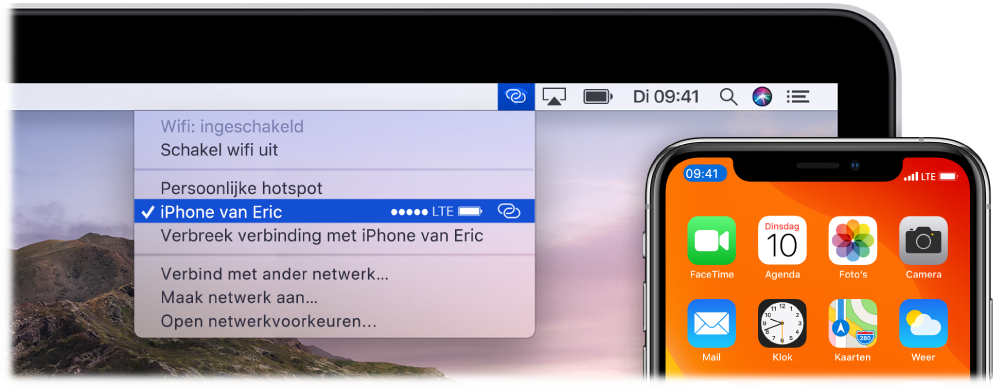 Het scherm van een Mac met het wifimenu met daarin een persoonlijke hotspot verbonden met een iPhone.