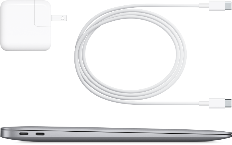 Zijaanzicht van de MacBook Air met bijgeleverde accessoires.