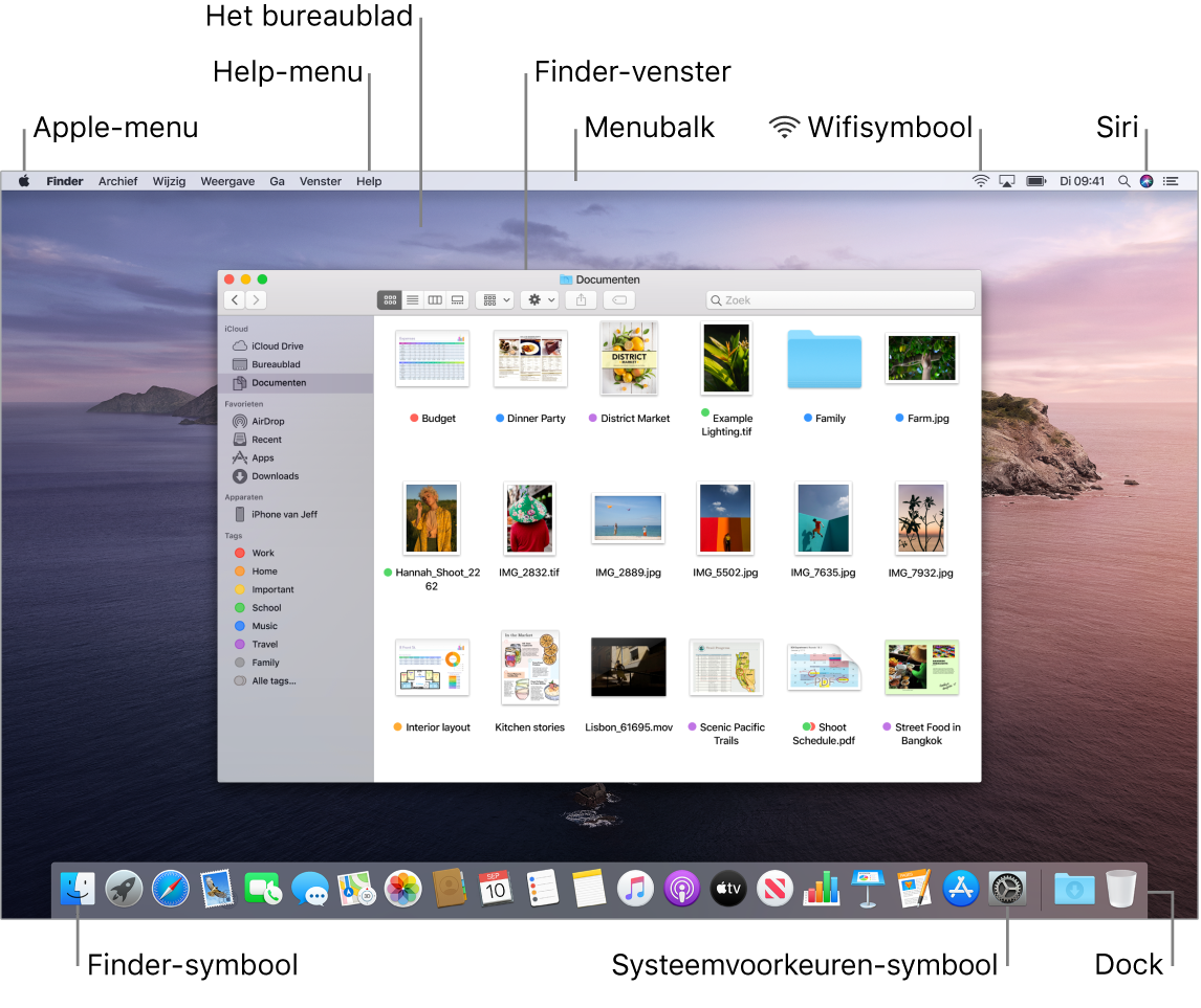 Een Mac-scherm met het Apple-menu, het bureaublad, het Help-menu, het Finder-venster, de menubalk, het wifistatussymbool, het symbool om Siri iets te vragen, het Finder-symbool, het Systeemvoorkeuren-symbool en het Dock.